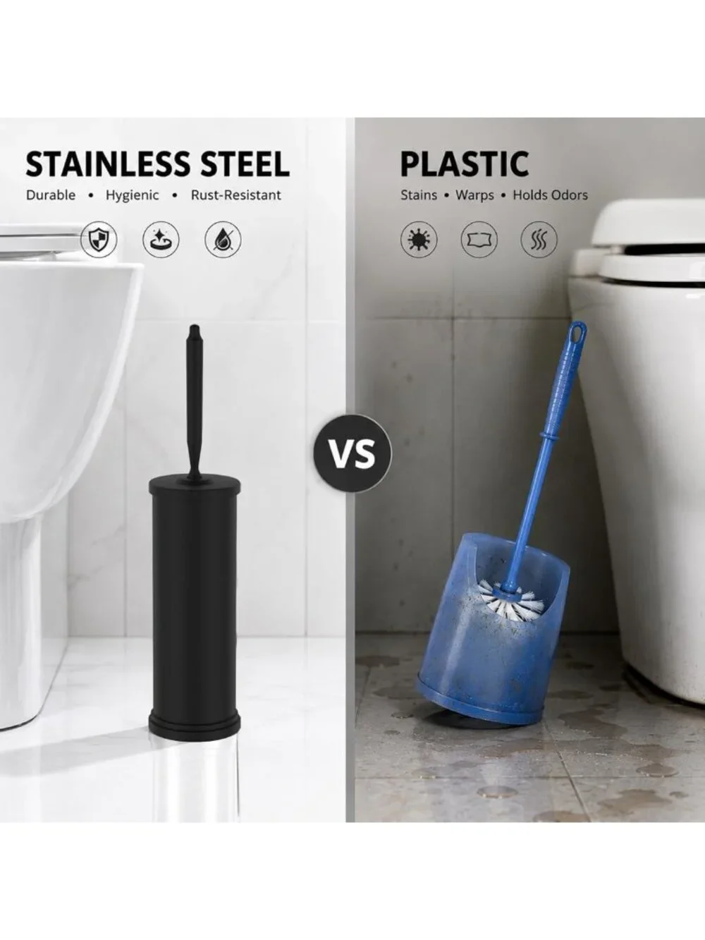 Modern Black Stainless Steel Toilet Bowl Brush & Holder Set - Durable Scrubber